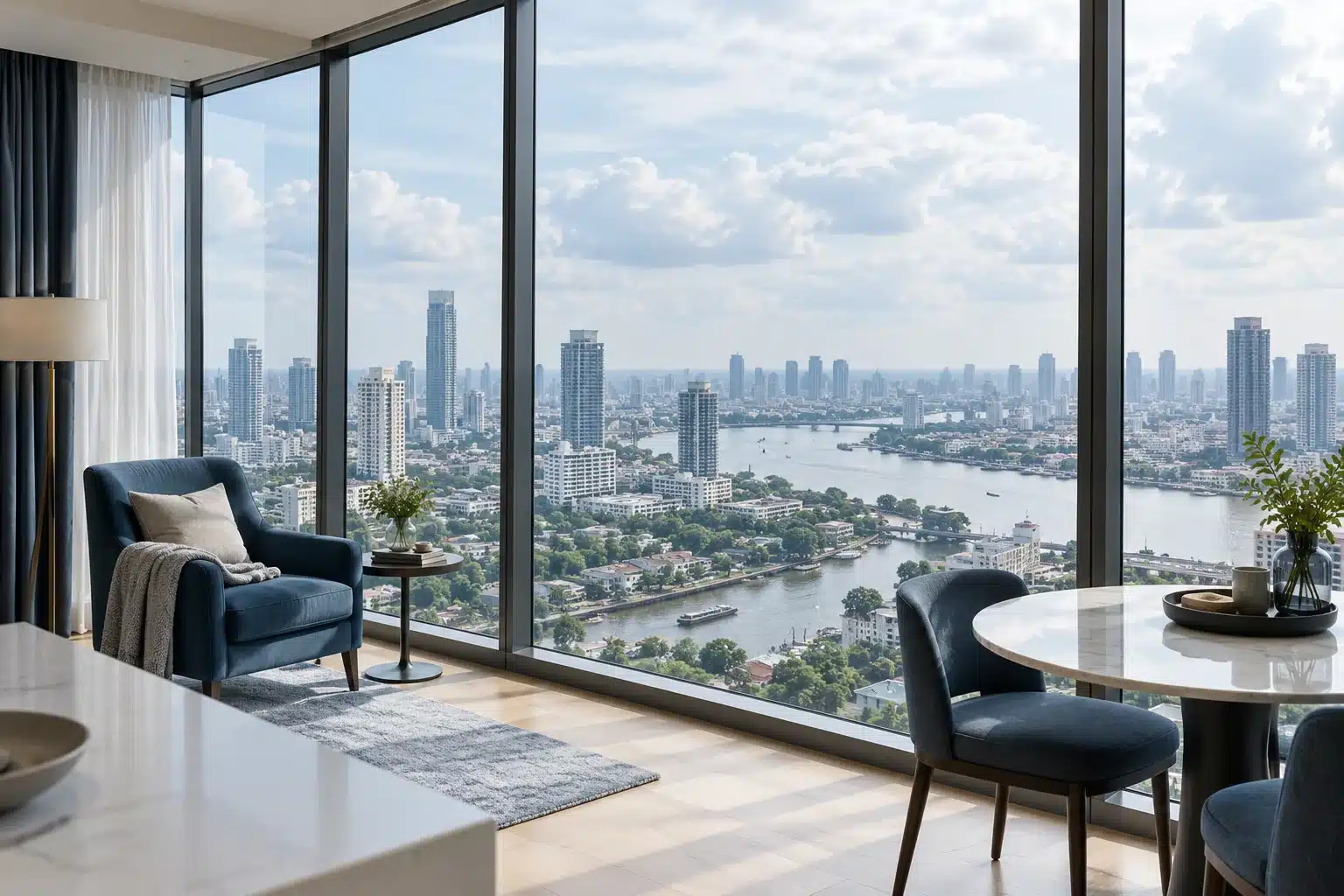 ห้องภายในอาคารที่มีผนังกระจกรับแสงและมองเห็นพื้นที่ภายนอก